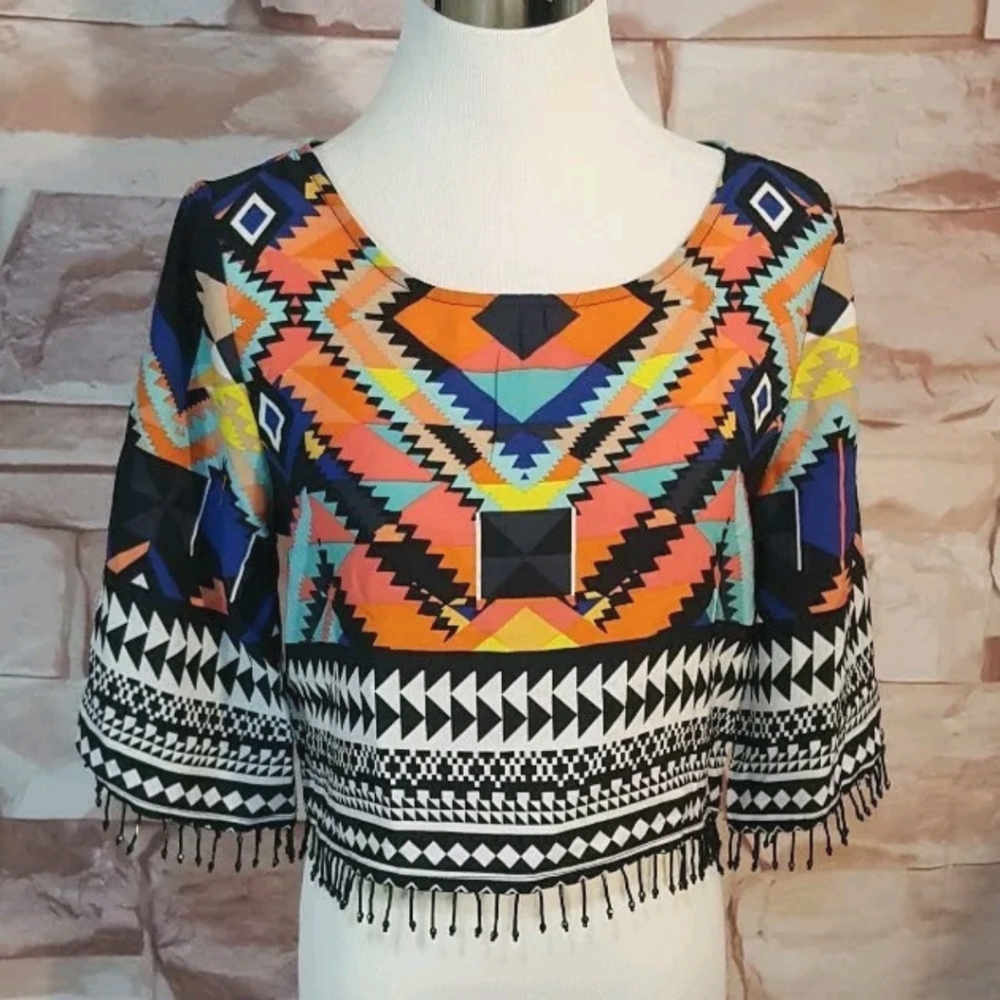 GB Small Beaded Fringe Trim Pattern Multicolor Cropped Top Aztec